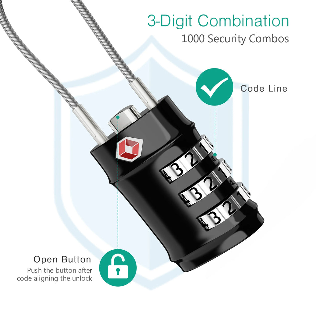 ORIA TSA Approved 3-Digit Combination Luggage Lock with Flexible Cable for Travel Bags