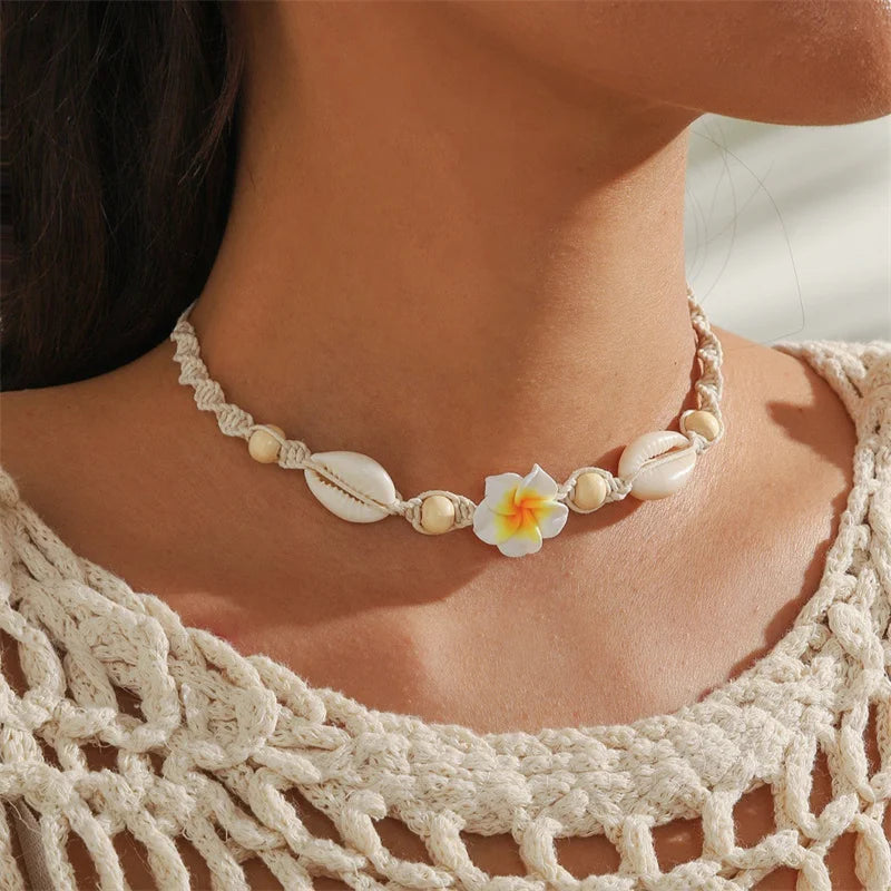CowLost | bohemia-conch-beads-braided-necklaces-for-women-pink-green-cute-little-daisy-flower-choker-hand-woven-summer-beach-party-jewelry |3