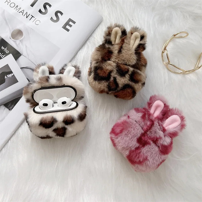CowLost | cartoon-leopard-print-rabbit-ear-plush-earphone-case-for-airpods-1-4-pro-2 |1