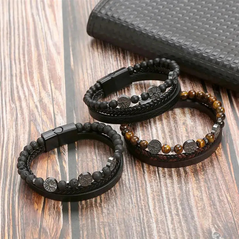 CowLost | high-quality-leather-bracelet-men-classic-fashion-tiger-eye-beaded-multi-layer |15