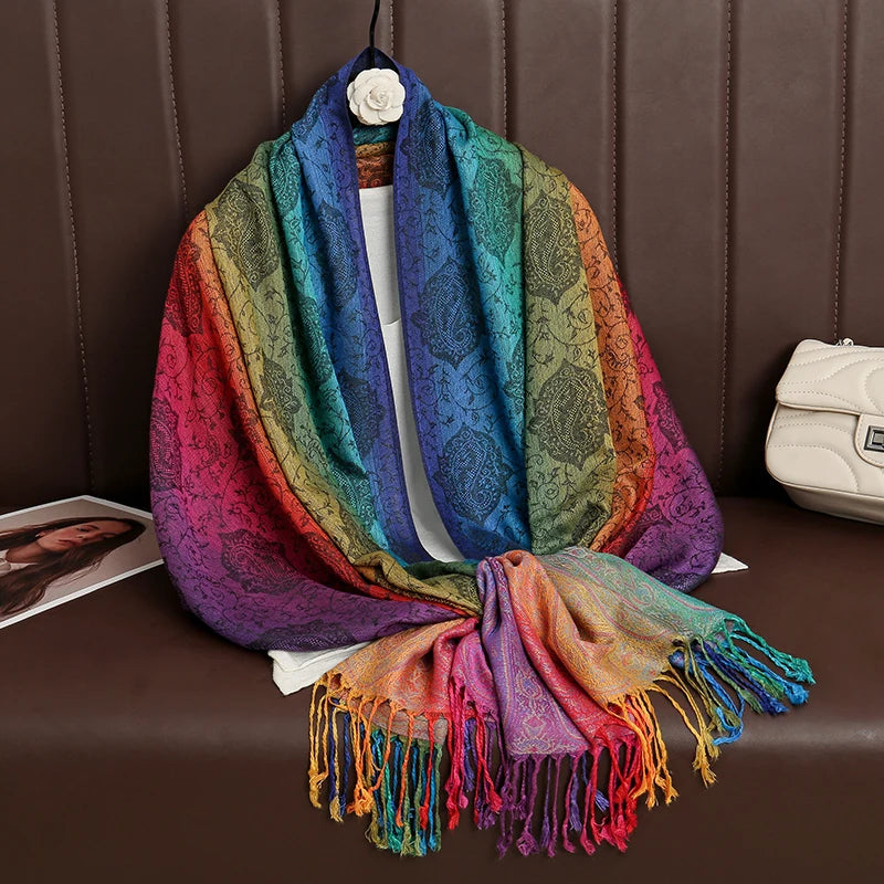 CowLost | rainbow-colors-winter-warm-thick-ethnic-style-jacquard-scarf |2