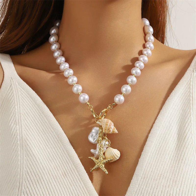 CowLost | bohemia-shell-conch-pendant-necklace-for-women-girl-trendy-starfish-beaded-chain-necklaces-ocean-series-vacation-beach-jewelry |8