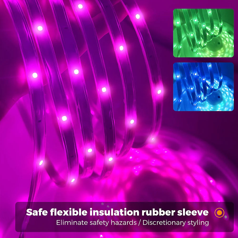 30M/20M RGB 5050 LED Strip IP65 Waterproof Silicone Tape with APP & 44-Key Remote, Music Sync, Color Change for Pool & Balcony