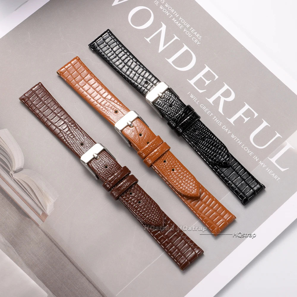 Ultra-thin 8-16mm Lizard Pattern Leather Watch Strap for Women Waterproof Wristband