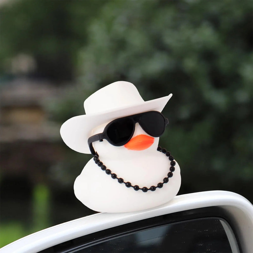 CowLost | product_id-white-rubber-duck-car-dashboard-ornament-with-cowboy-hat-and-swim-ring-necklace |6