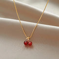 Wine Red Cherry Pendant Necklace for Women with Golden Chain Party Jewelry Gift
