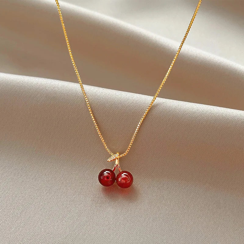 Wine Red Cherry Pendant Necklace for Women with Golden Chain Party Jewelry Gift