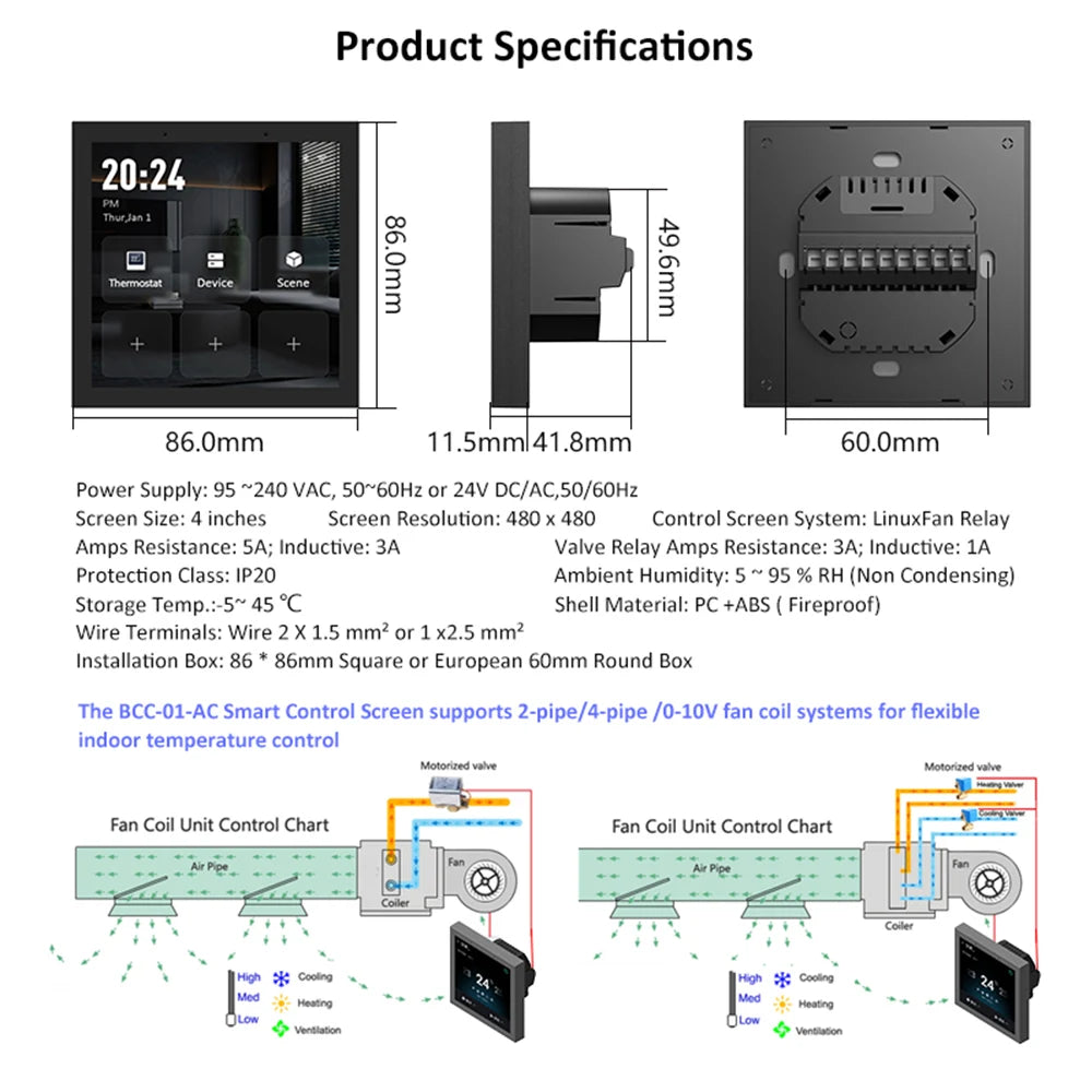 Tuya Smart 3-in-1 Central Control Panel LED Thermostat for Heating & Air Conditioner Fluorine Machine Support Linux