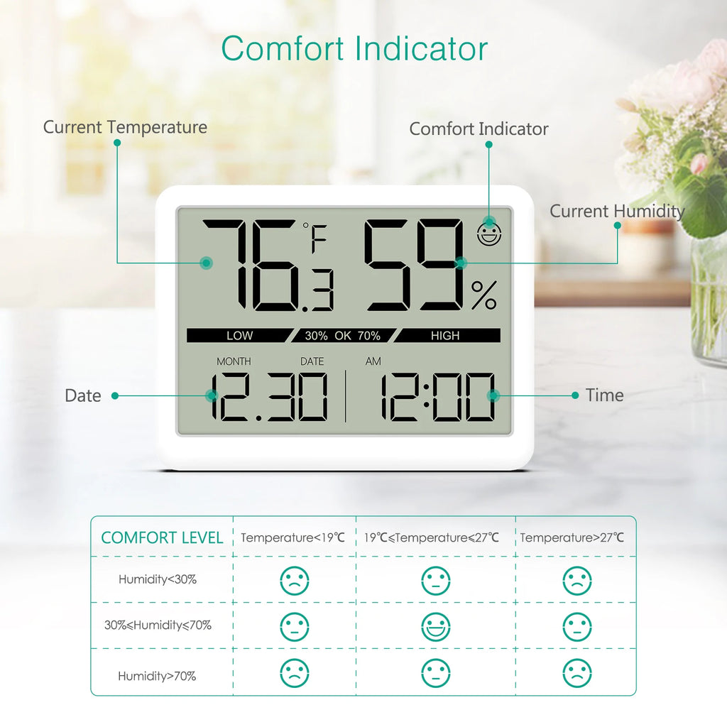 ORIA Indoor Digital Humidity Meter Thermometer with LCD Clock and Large Display