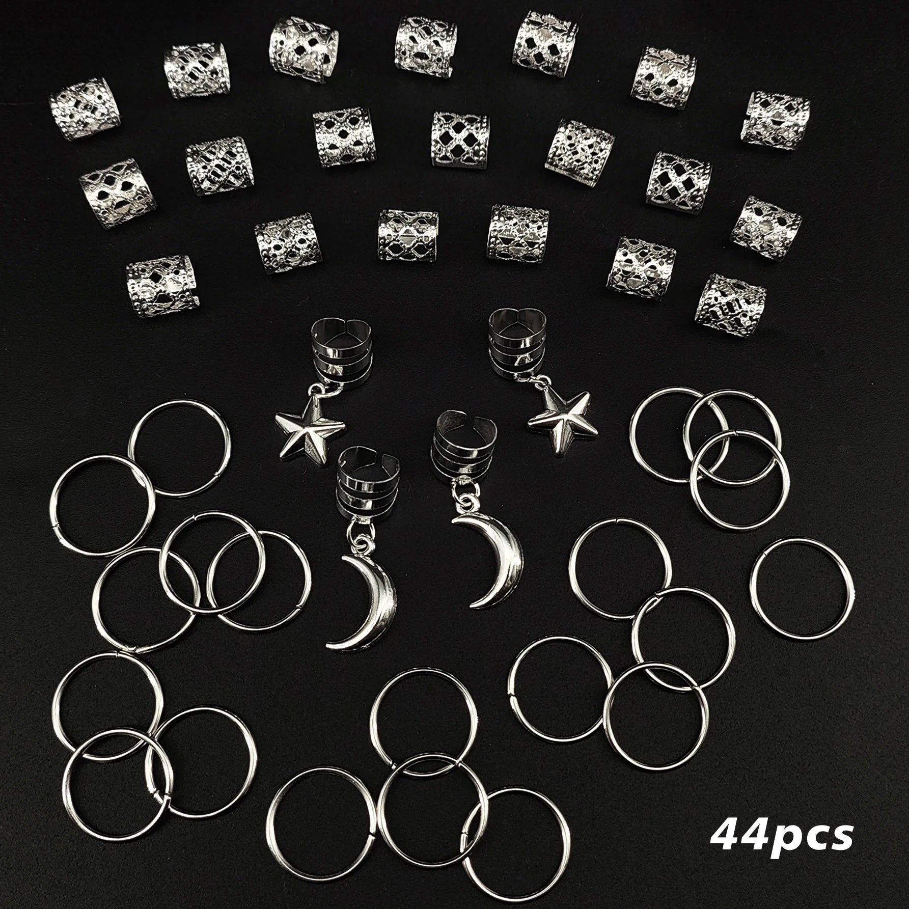 CowLost | 44pcs-stars-moon-combination-fashion-metal-cutout-dreadlock-hair-rings |14