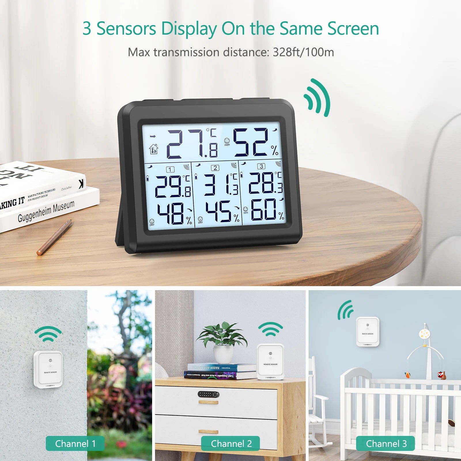 ORIA Wireless Indoor Digital Thermometer Hygrometer with 3 Sensors for Home and Office
