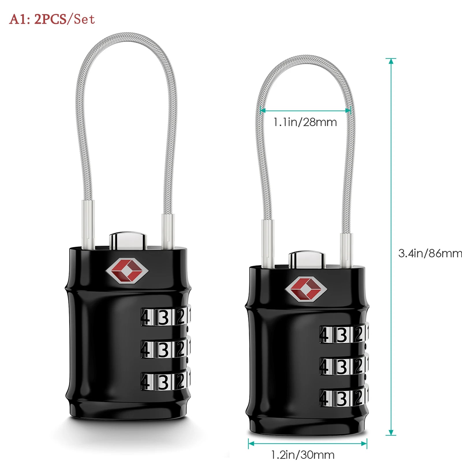 ORIA TSA Approved 3-Digit Combination Luggage Lock with Flexible Cable for Travel Bags