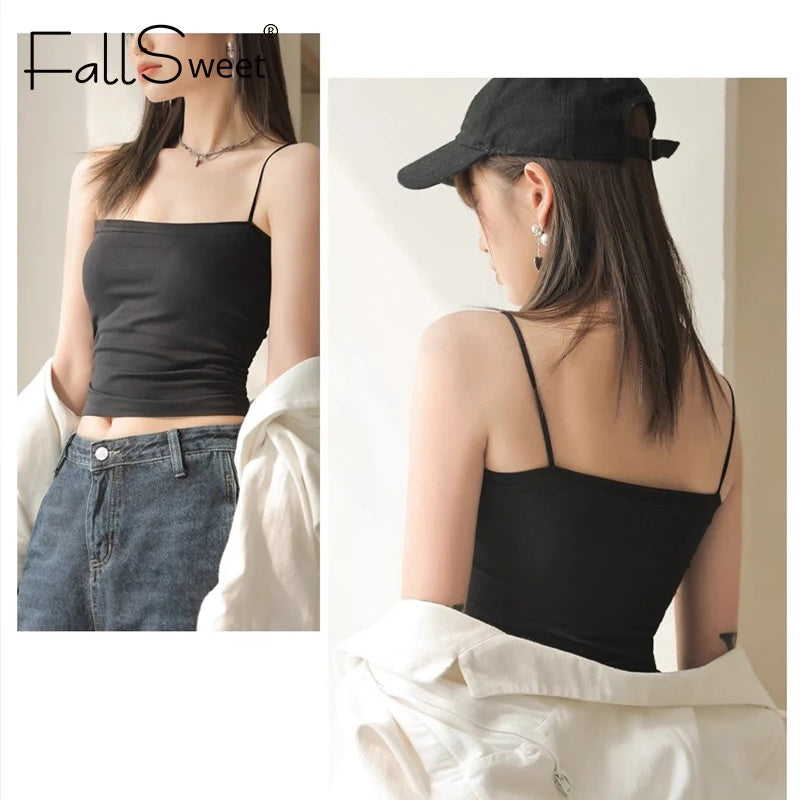 CowLost | fallsweet-womens-spaghetti-straps-sleeveless-camisoles-ice-silk-traceless-vest-integrated-fixed-cup-female-short-tops-vests |4