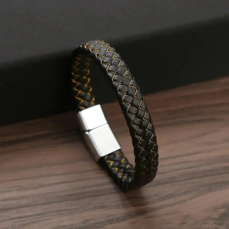 CowLost | jiayiqi-punk-men-jewelry-black-braided-leather-bracelet-stainless-steel-magnetic-clasp |14