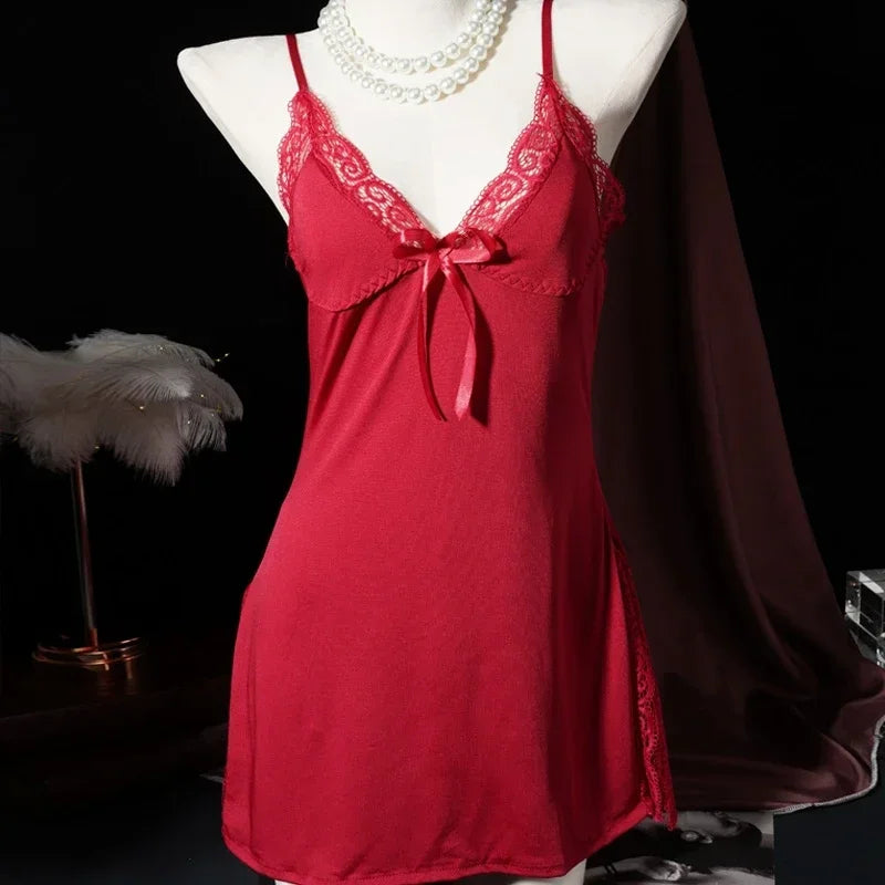 CowLost | women-v-neck-nightgown-sexy-side-slit-suspender-sleep-dress |1