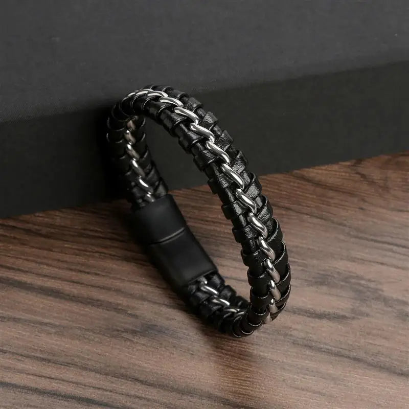 CowLost | jiayiqi-punk-men-jewelry-black-braided-leather-bracelet-stainless-steel-magnetic-clasp |41