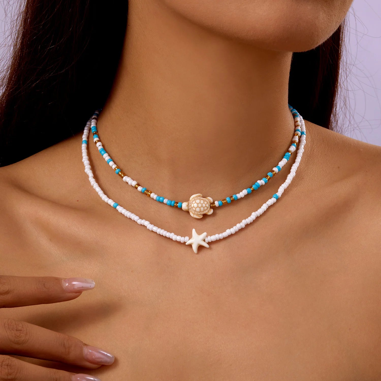 CowLost | boho-bohemian-sea-shell-starfish-pendant-necklaces-for-women-double-layered-tortoise-imitation-pearl-bead-chain-beach-jewelry |11
