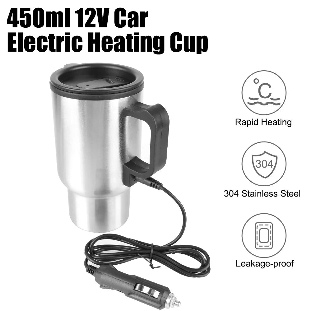 CowLost | stainless-steel-vehicle-heating-cup-12v-450ml-water-coffee-milk-thermal-mug-camping-travel-kettle-electric-heating-car-kettle |2