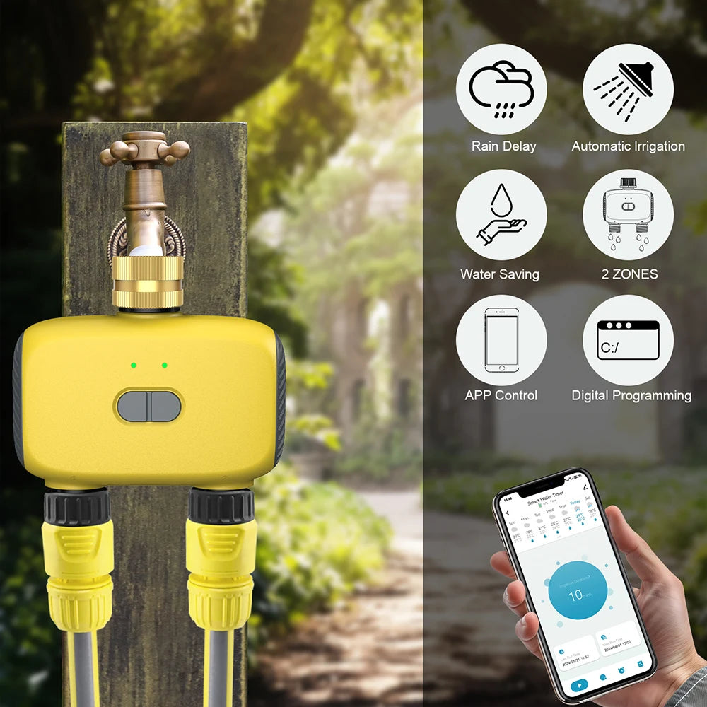 Bluetooth 2-Zone WiFi Sprinkler Timer IP55 Waterproof Garden Irrigation Controller 3/4" Faucet Timer