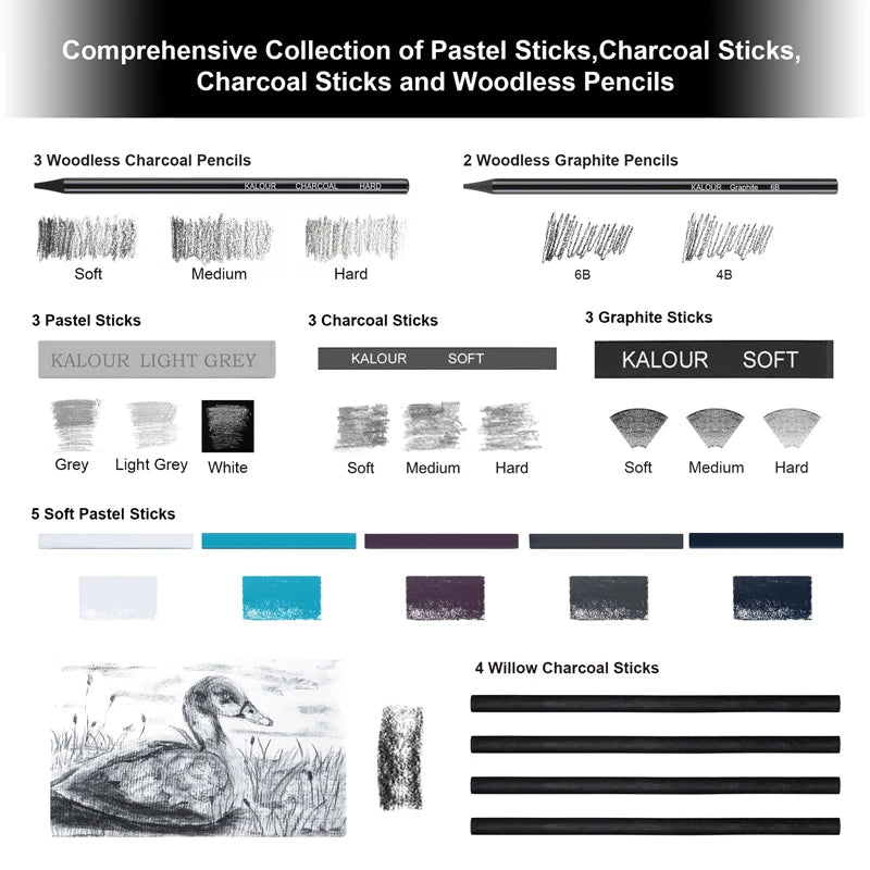 CowLost | product_id-kalour-108pcs-professional-sketching-pencil-set-with-charcoal-sticks-blending-tools-erasers |11
