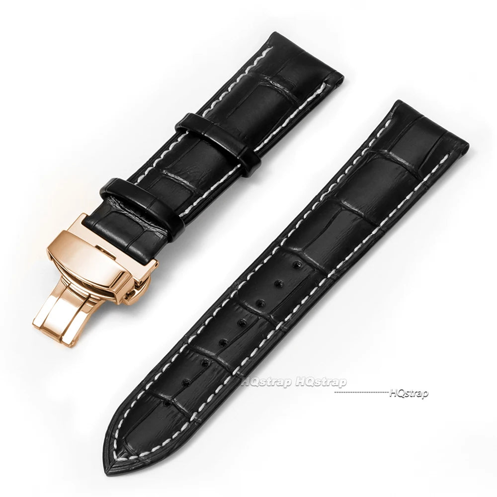 CowLost | product_id-genuine-calfskin-leather-watch-strap-16-24mm-black-with-brown-stitching-butterfly-buckle |19