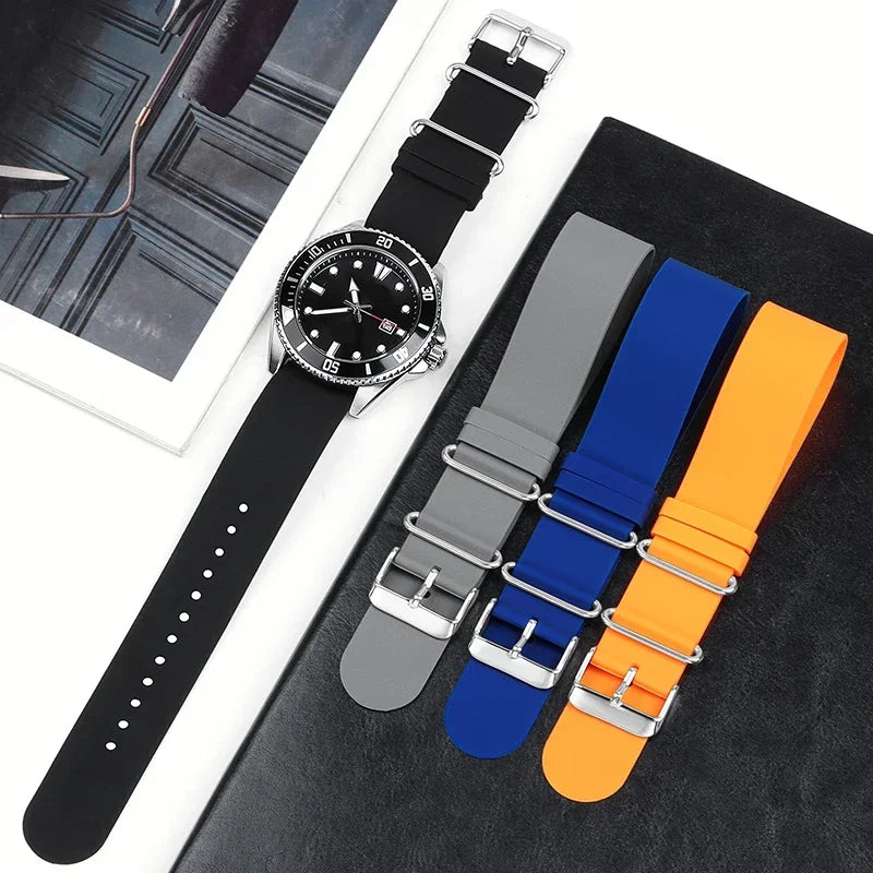 18mm-22mm Soft Silicone Waterproof One-Piece Watch Strap Black Blue Grey Universal