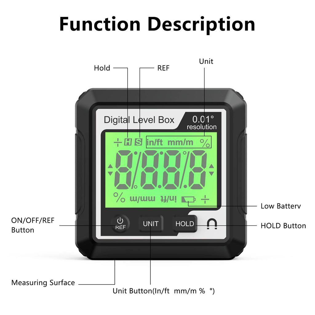 Digital Magnetic Inclinometer LCD Backlight Angle Finder 4x90° Protractor Level Box for Woodworking