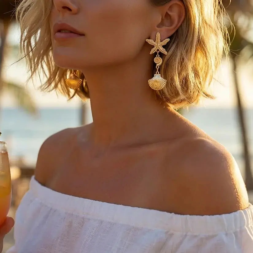 CowLost | boho-asymmetric-starfish-shell-pendant-earrings-for-women-gold-color-metal-textured-sea-star-conch-dangle-earring-beach-jewelry |4