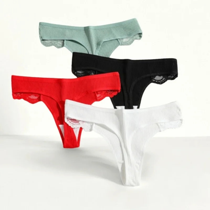 CowLost | product_id-4pcs-women-s-cotton-low-waist-lace-trim-solid-color-g-string-thongs-set |1