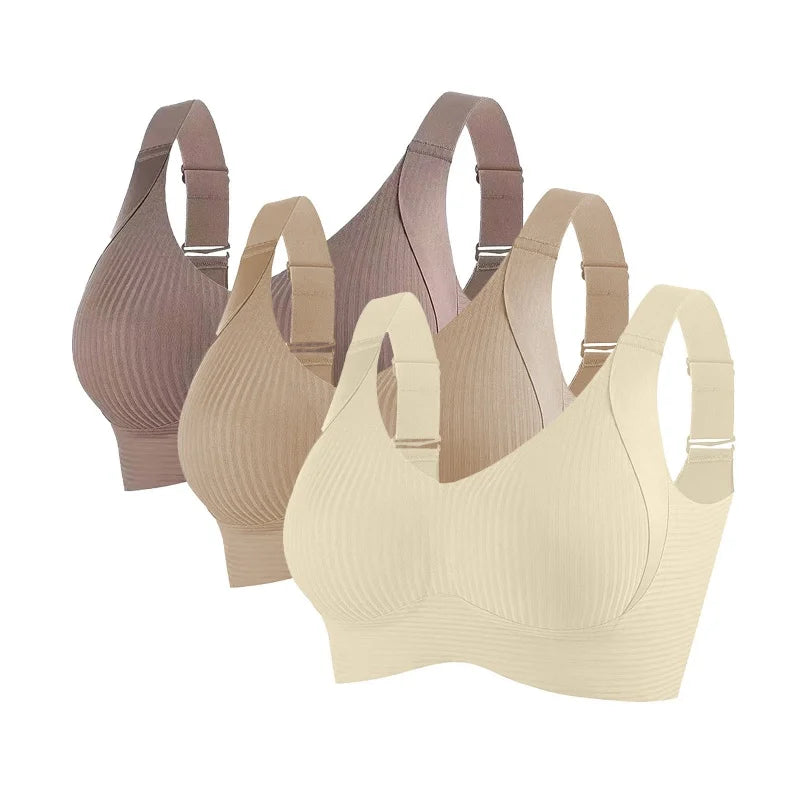 CowLost | product_id-3pcs-womens-plus-size-seamless-v-neck-push-up-wire-free-ribbed-bralette-m-4xl |13
