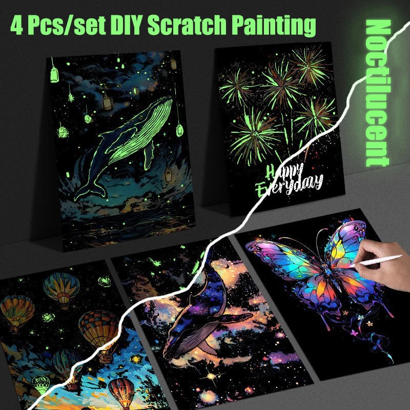 CowLost | product_id-4-pcs-a4-diy-luminous-scratch-painting-set-animal-butterfly-whale-landscape-night-view |2