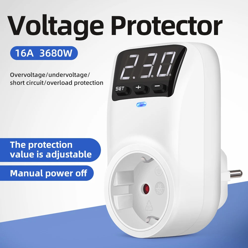 LCD Voltage Protector with LCD Display, Automatic Reset, Surge & Undervoltage Protection, EU/US Plug