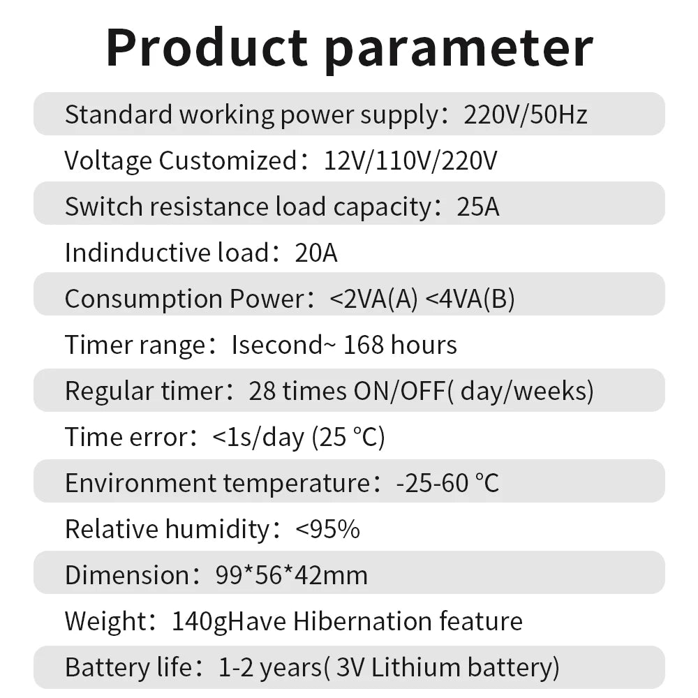 Digital 7-Day Programmable Timer Relay 220V 25/30A with Power Outage Memory