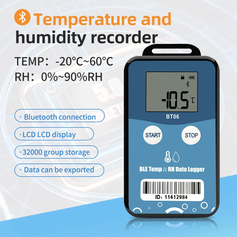 Bluetooth Temperature & Humidity Data Logger with LCD, Wireless Long-Range PDF Report Recorder for Delivery