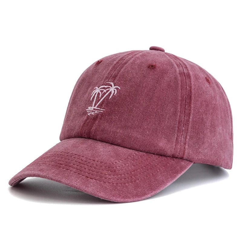 CowLost | unisex-washed-cotton-cap-coconut-tree-embroidery-vintage-baseball-cap |14