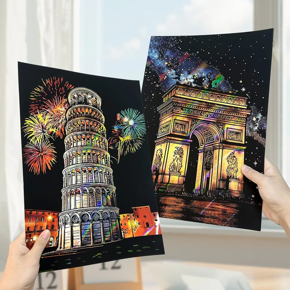CowLost | product_id-4pcs-a3-diy-scratch-painting-set-colosseum-forbidden-city-cherry-blossom-castle-night-view |1