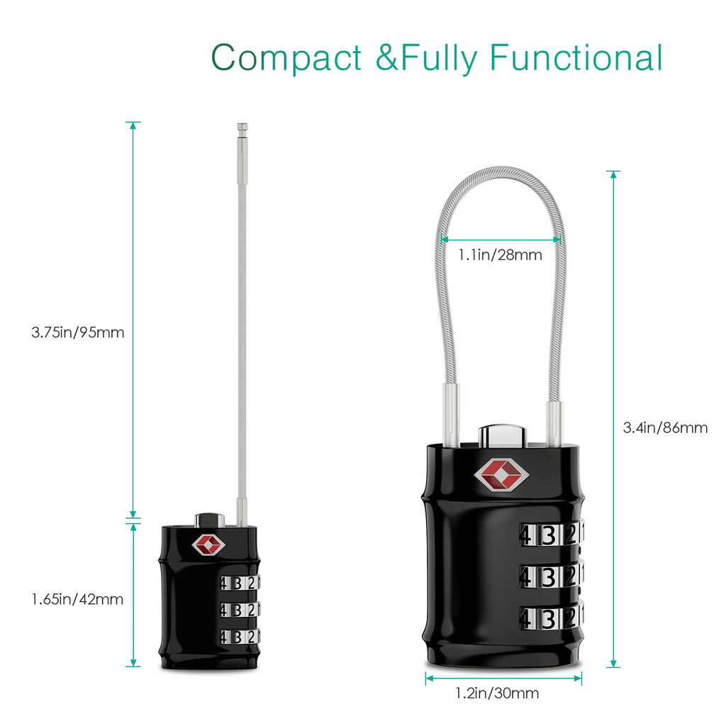 ORIA TSA Approved 3-Digit Combination Luggage Lock with Flexible Cable for Travel Bags