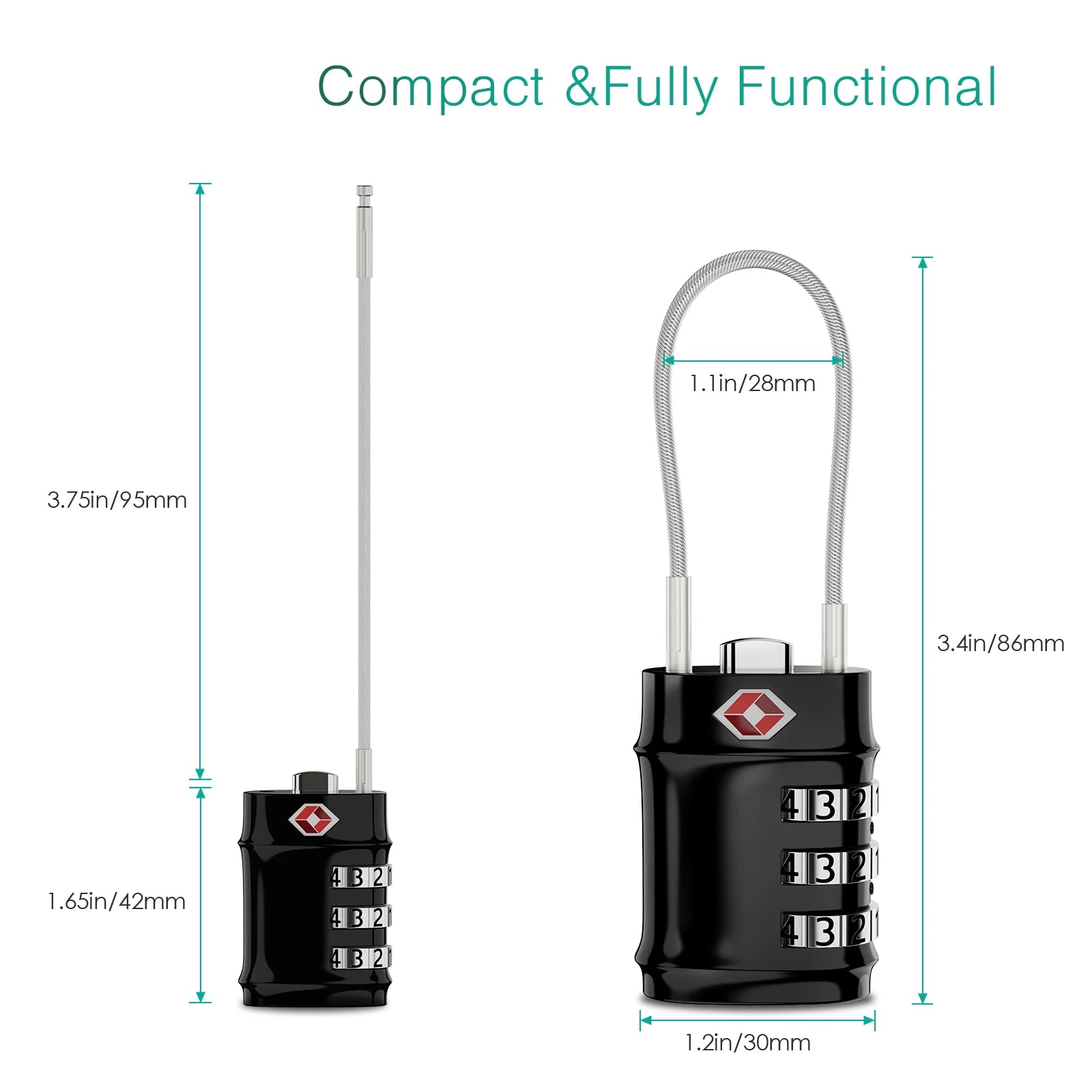 ORIA TSA Approved 3-Digit Combination Luggage Lock with Flexible Cable for Travel Bags
