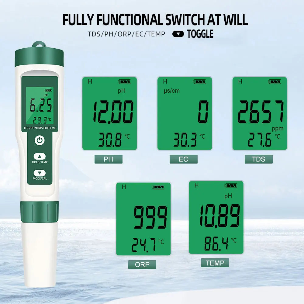 5-in-1 Digital pH TDS EC ORP Temperature Meter Portable Water Quality Tester