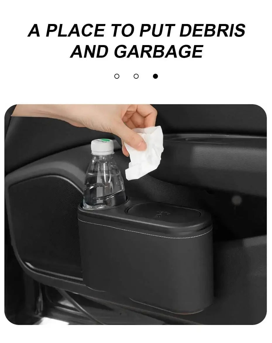 CowLost | can-organizers-product_id-car-rear-row-hanging-trash-can-with-abs-pressing-lid-and-drink-holder-universal-organizer |10