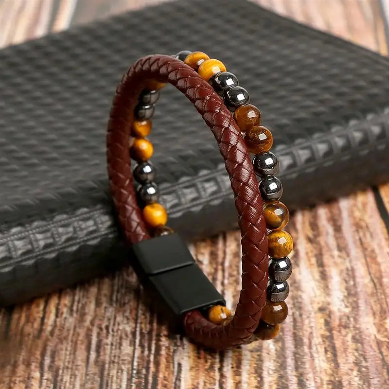 CowLost | high-quality-leather-bracelet-men-classic-fashion-tiger-eye-beaded-multi-layer |42