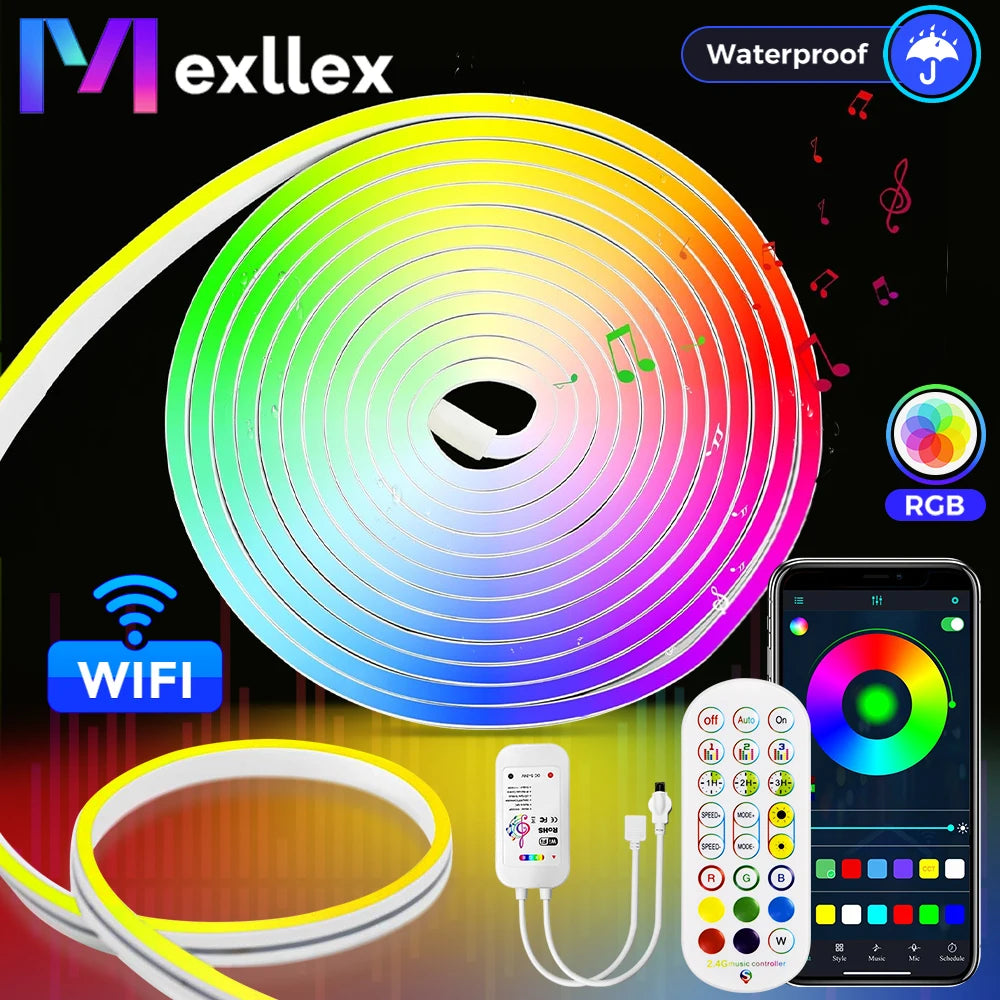 10M/5M 12V Neon RGB WIFI LED Strip Lights 108 LEDs/m Waterproof with Music Sync, Remote & App for Bedroom