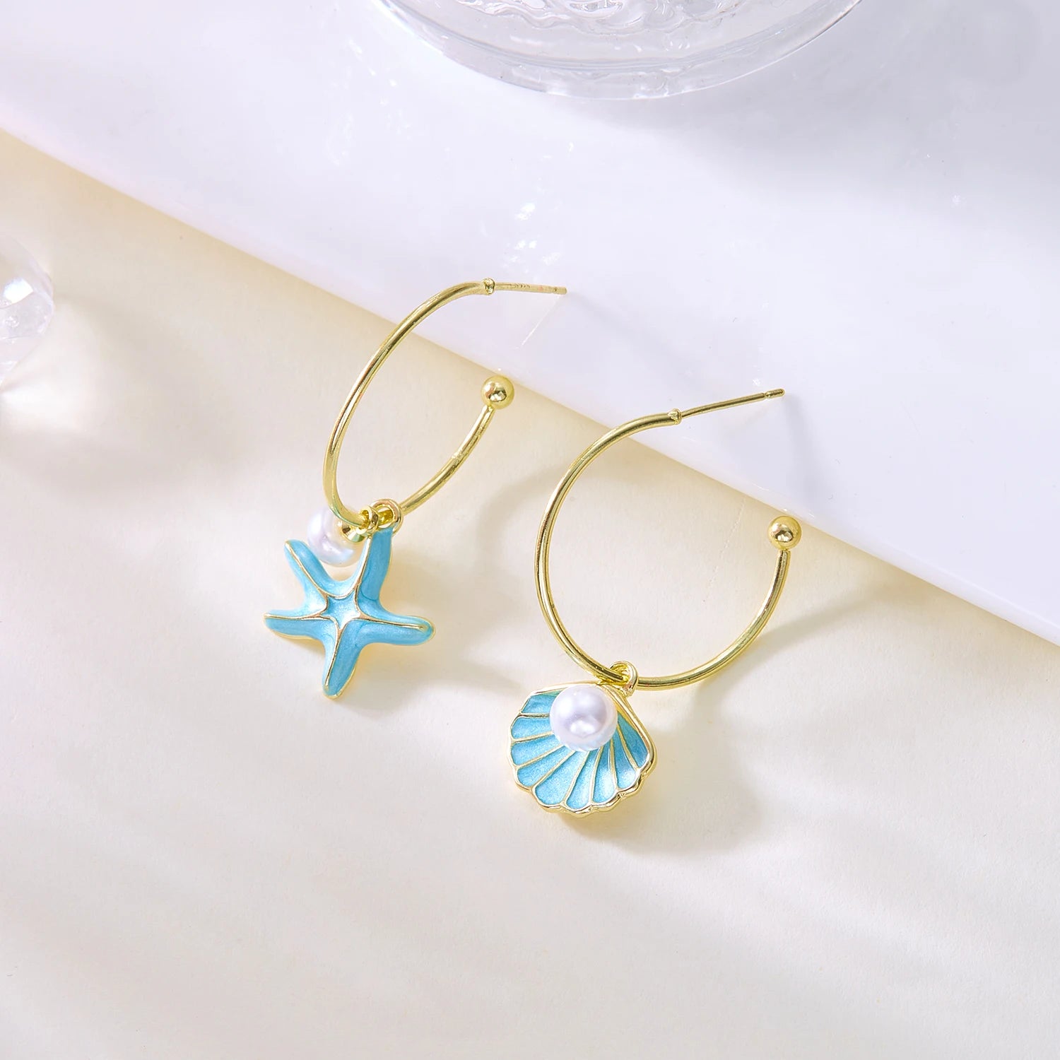 CowLost | ocean-series-conch-starfish-dangle-earrings-for-women-summer-beach-asymmetrical-metal-enamel-earring-girls-party-jewelry-gift |5