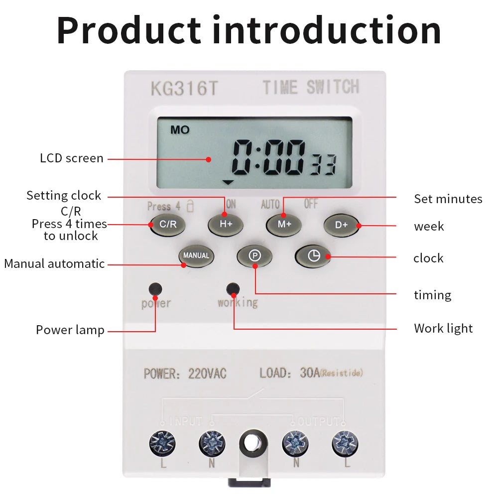 Digital 7-Day Programmable Timer Relay 220V 25/30A with Power Outage Memory