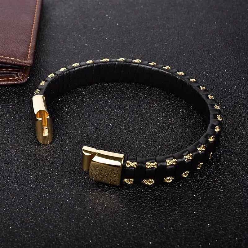 CowLost | jiayiqi-punk-new-leather-bracelet-black-braid-gold-color-stainless-steel-bangles-for-men |3