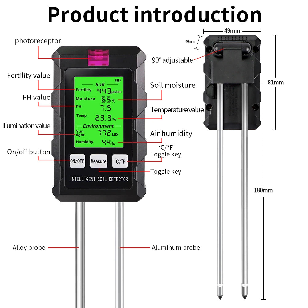6-in-1 Soil Meter PH Moisture Fertility Temperature Humidity Light Tester for Garden