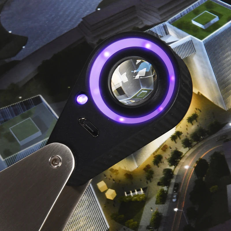 10X 20X 30X 40X Magnifier Loupe With Dual Light White UV LED Illuminated Magnifier Jewelry Diamond Gemstone Eye Glass for Repair