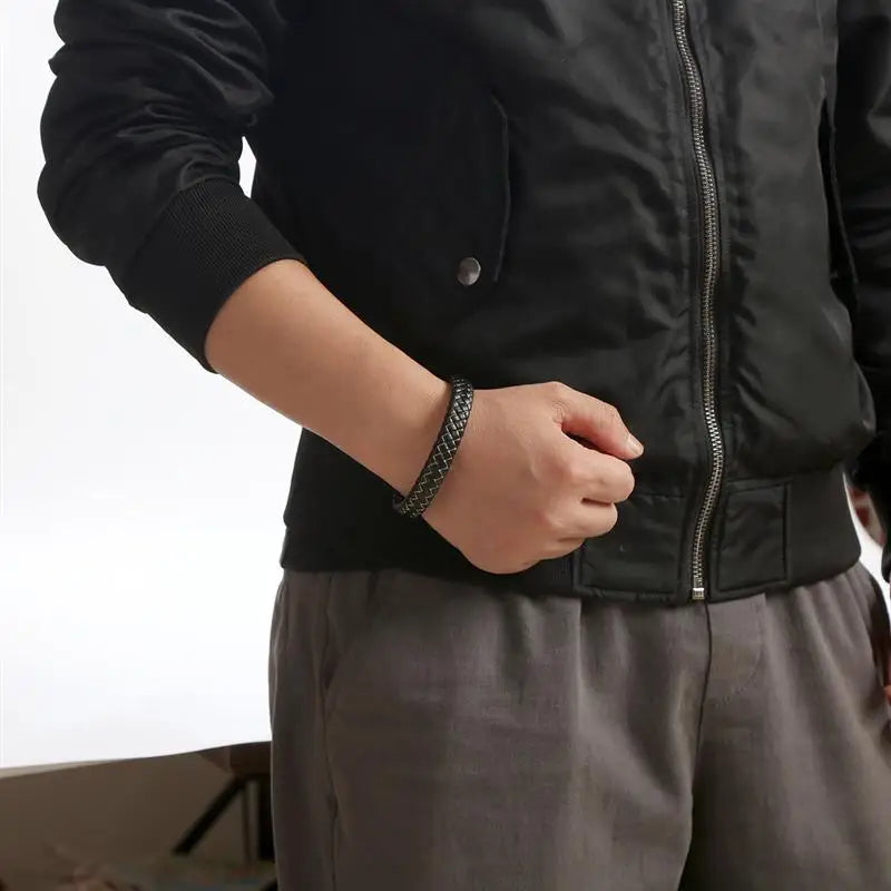 CowLost | jiayiqi-punk-men-jewelry-black-braided-leather-bracelet-stainless-steel-magnetic-clasp |19