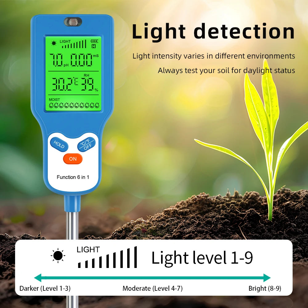 6-in-1 Soil Meter PH Moisture Temperature Light Humidity Fertility Tester LCD Rotate 90° for Garden Farm