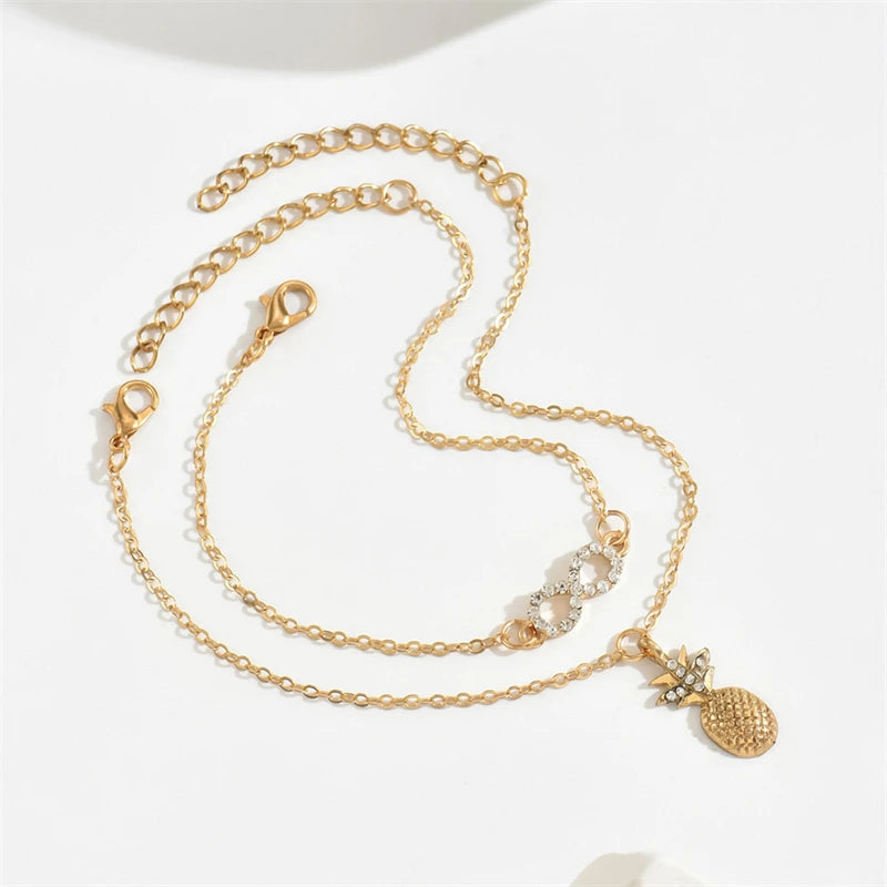 CowLost | vintage-gold-color-double-layer-anklet-for-women-star-pearl-starfish-zircon-pineapple-anklets-bracelets-foot-chain-beach-jewelry |5